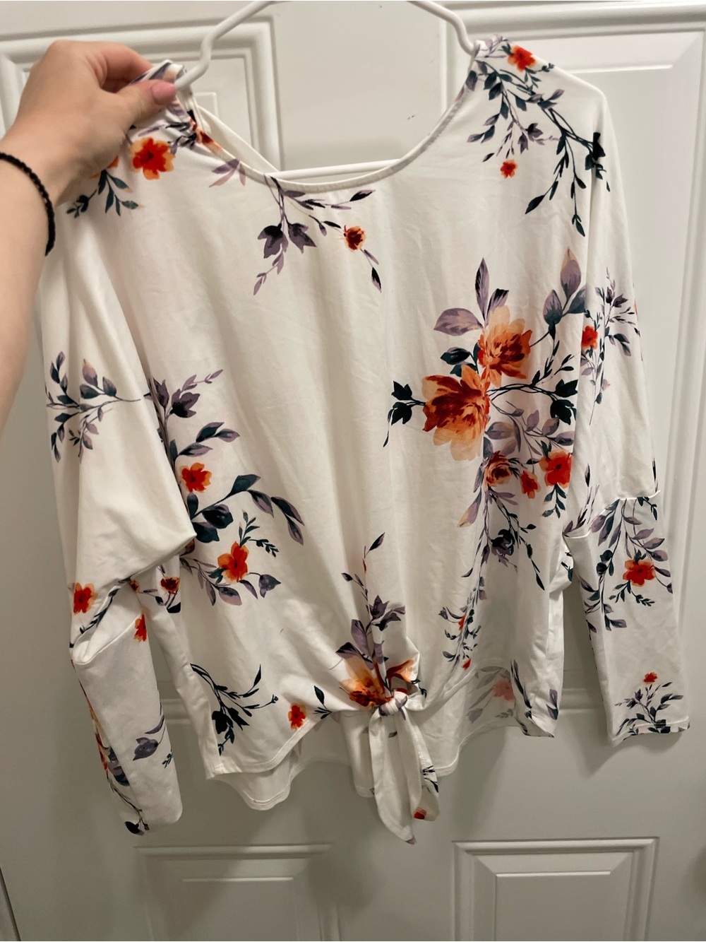 Women’s Floral Tie-Front Long Sleeve Top - White/Orange